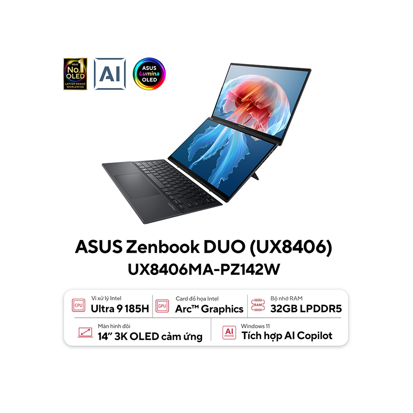Asus ZenBook Duo UX8406MA-PZ142W(Ultra9 185H/32GB RAM/1TB SSD/14 3K Cảm ứng/Win11/Xám/Bút+Túi+Cáp)